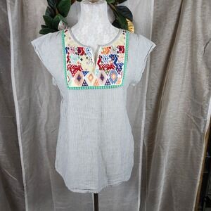 THML Anthropologie Striped Cotton Top L Embroidered‎ Boho Tunic Festival